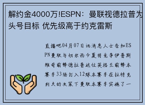 解约金4000万!ESPN：曼联视德拉普为头号目标 优先级高于约克雷斯